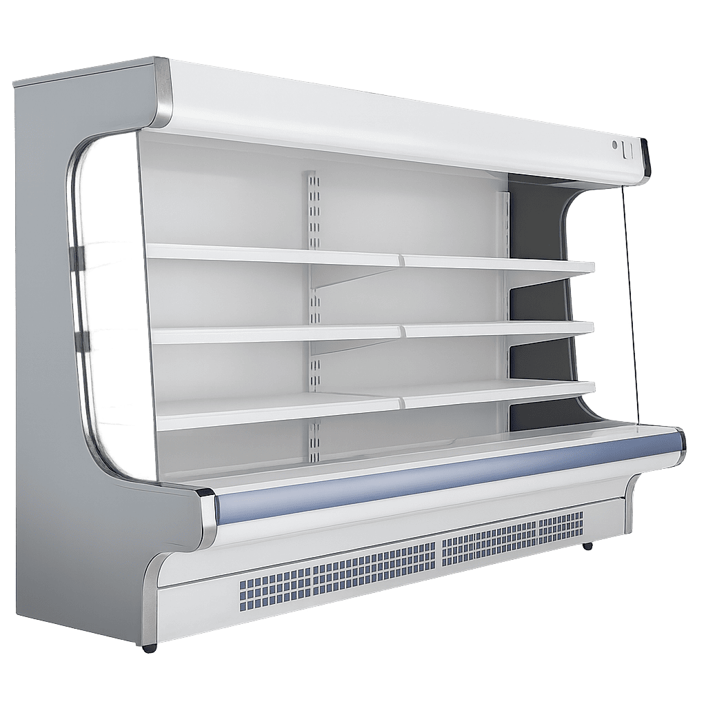 Refrigerated display unit with bright lighting and clean design, ideal for showcasing fresh products.