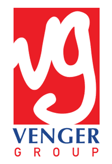 Venger Group logo featuring bold red and white design for branding.